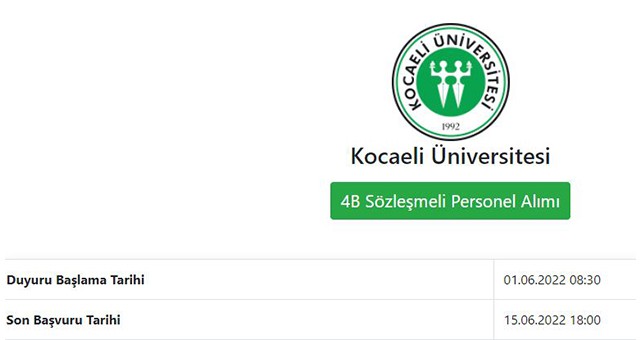 KOCAELİ ÜNİVERSİTESİ REKTÖRLÜĞÜ 4/B SÖZLEŞMELİ PERSONEL ALIM İLANI